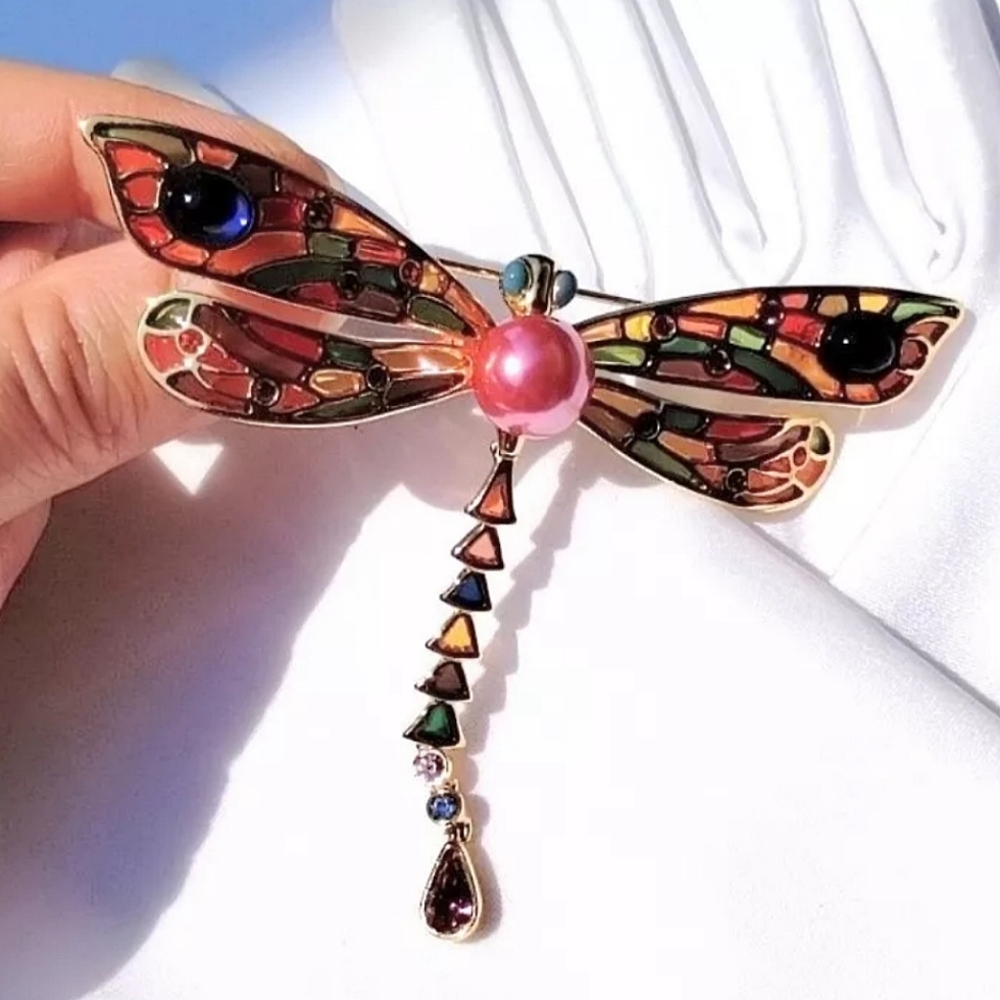 Vintage JOAN RIVERS Plique A Jour Articulated Dragonfly Brooch Pearl Multicolor